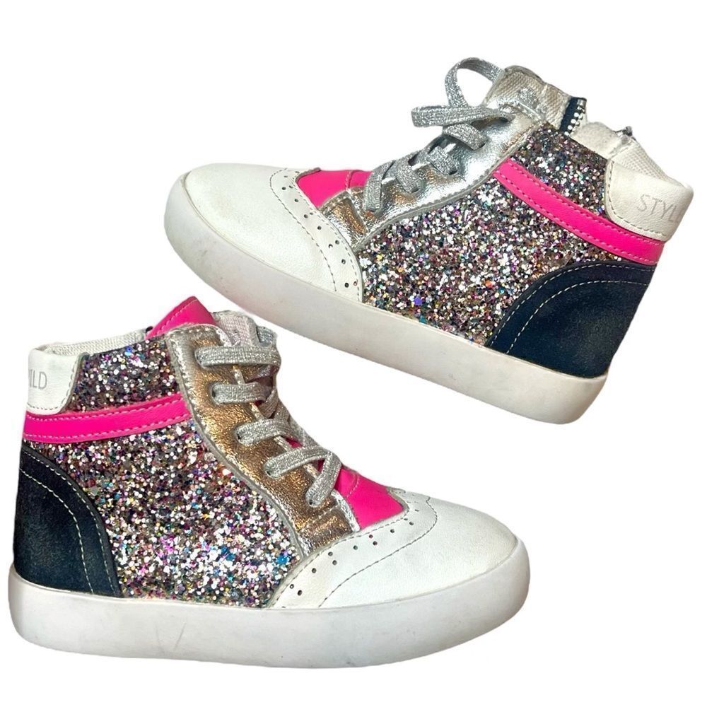 Style Child Ella High Top Sneakers Pink White & Black Glitter Size‎ EU 24 US 8